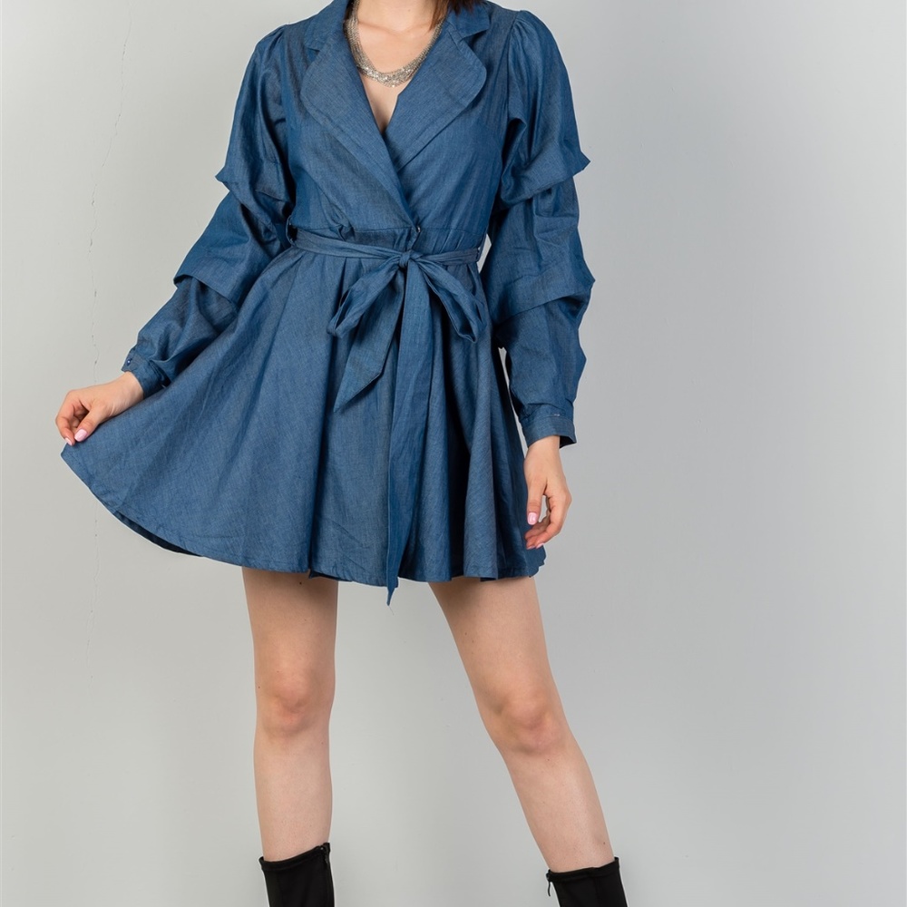 Denim Tiered Sleeve Self Tie Waist Dress - Picture 2 of 5